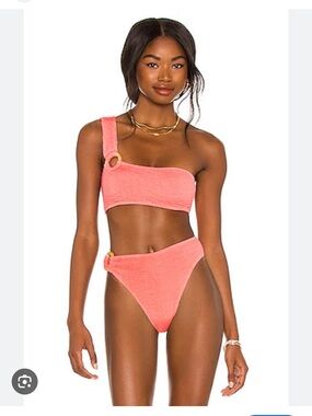 One-Shoulder Coral Bikini Set with Ring Detail - Women